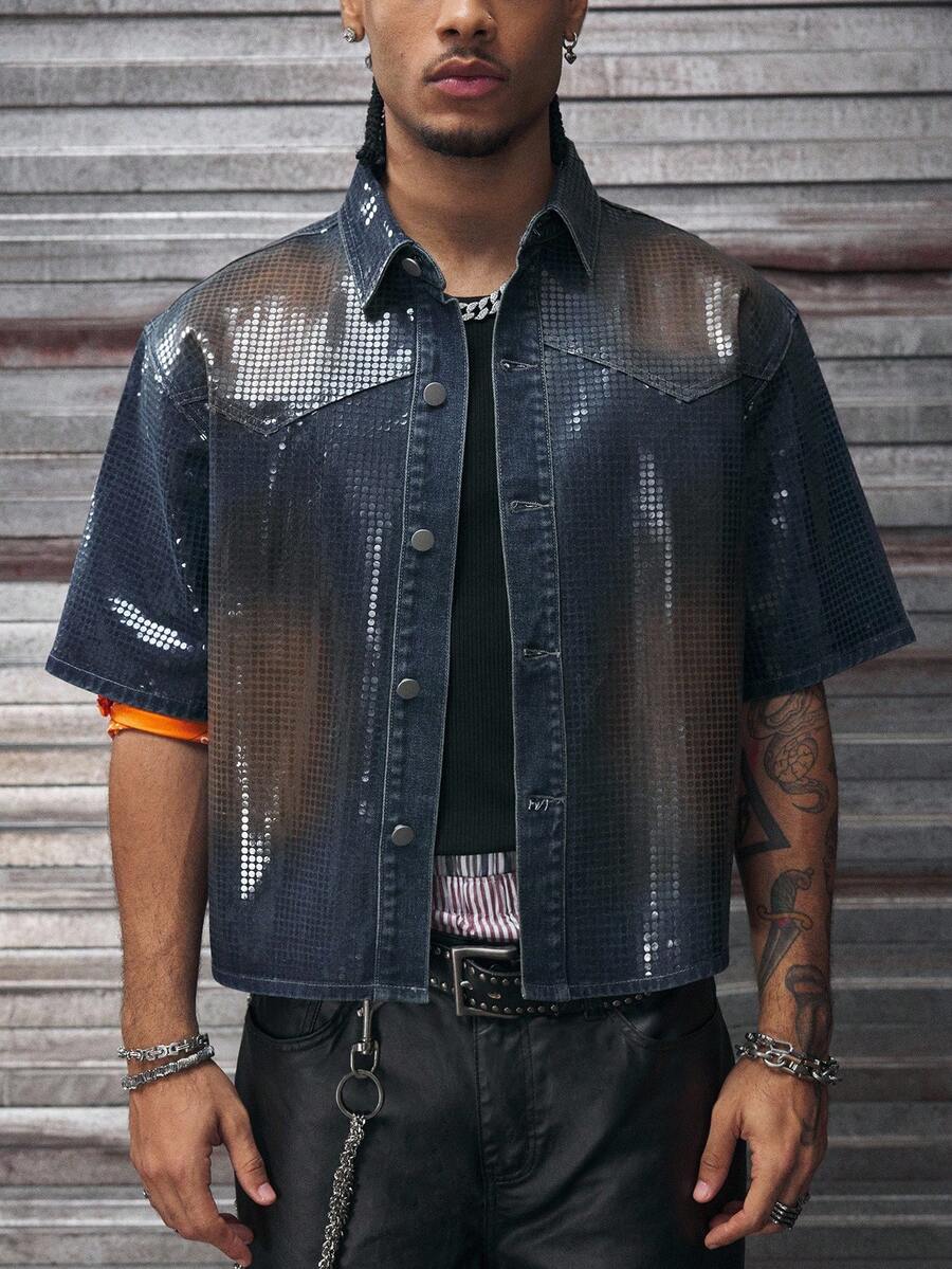 AXEPEAK Men's Short Sleeve Shirt, Casual Washed Style, New Fashionable Half Sleeve Turndown Collar Jacket - Blue - View 1