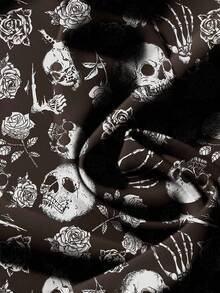 EMERY ROSE Plus Size Women Halloween Skull Print V-Neck Ruffle Trim Short Sleeve Shirt, Casual Holiday Wear, Suitable For Summer, Halloween Costume, Y2K Streetwear Women Blouses Summer Skeleton Shirt Skull ShirtIn Fall/Winter