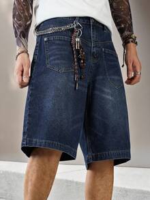 Manfinity EMRG Quần short denim Bermuda ống rộng thiết kế túi rộng cho nam - Rửa tối - Xem 3