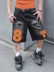 Manfinity EMRG Quần short denim thời trang in họa tiết sọc hai bên và chữ số rách cho nam - màu đen - Xem 4