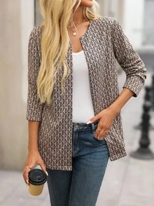 SHEIN LUNE 女士全印花长袖开襟休闲外套，秋冬万圣节服装 - 卡其色 - 查看 3