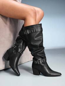 CUCCOO GRLICON Damen Plissee Block Absatz Quadratische Zehenkappe Slip-On Stiefel, minimalistisches Design, geeignet für Halloween, Weihnachten, Silvester, Dates, Herbst - Schwarz - Übersicht 5