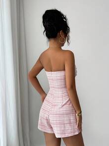 Elenzga 无袖格子珍珠装饰优雅浪漫修身女式连体短裤 - 彩色 - 查看 2