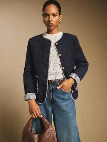 Poéselle 女式格子袖口圆领单排扣休闲冬季夹克