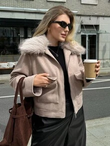 Auralis Plus Size Women's Autumn And Winter Fashion Casual Loose Comfortable Daily Warm Plush Patchwork Pocket Khaki Jacket, Plush Detachable Jacket,Women's Winter Clothes,Winter Coats