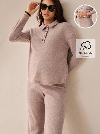 MaterniWear 2-Piece Maternity Set: Shirt Collar Top And Adjustable Waist Straight-Leg Pants Business Casual Woman  Fall Women Clothes