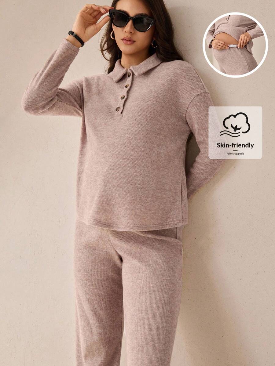 MaterniWear 2件套孕妇套装：衬衫领上衣和可调节腰围裤子 - 卡其色 - 查看 1