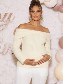 Loomaby Maternity Solid Color Twist Knot Off Shoulder Ribbed Long Sleeve Sweater - Apricot - View 6