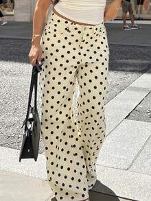 NegzBox 波尔卡圆点可爱波尔卡圆点春夏精致牛仔直筒中腰牛仔裤伊比沙岛假日休闲 - 米色 - 查看 3