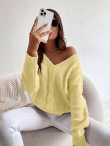 EMERY ROSE Áo len chui đầu họa tiết dây cáp thả vai thường ngày cho nữ, phong cách học thuật, mùa thu - Màu vàng - Xem 5