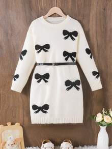 SHEIN Vestido suéter feminino 1 peça, estilo fofo, estampa jacquard com laço preto, gola redonda, manga regular, punho e bainha franzidos, espessura regular, vestido de malha elegante na cor marfim, caimento elegante e elegante, adequado para primavera, outono e inverno