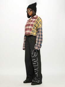 SUMWON WOMEN Graphic Nylon Joggers With Side Text Print Wide Leg Casual Streetwear Pants