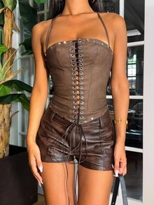 Ronhire 女士夏季露背吊带皮革上衣，棕色性感交叉带纯色夜店、节日、音乐会、嬉皮士、复古 - 棕色 - 查看 3