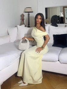 Ronhire Elegant Asymmetric Shoulder Ruched Waist A-Line Dress, Minimalist Commuting Solid Color Slimming Dress,Summer Dresses For Women Dresses For Wedding Event