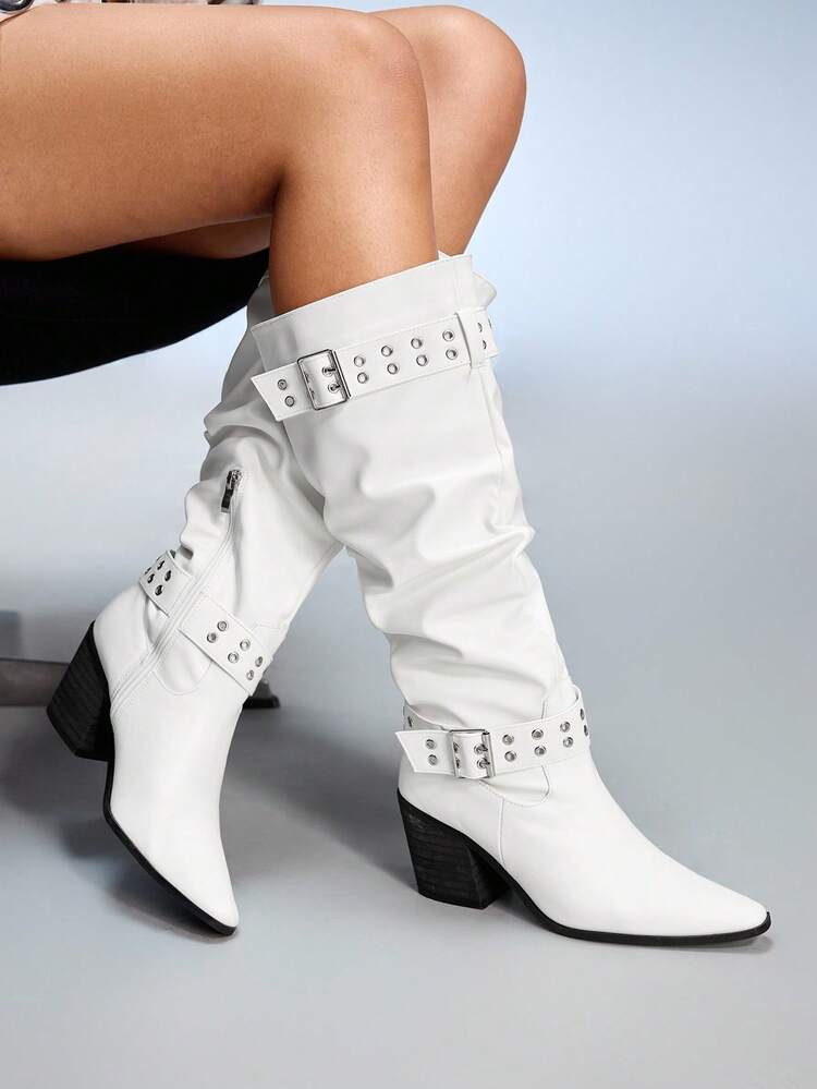 CUCCOO GRLICON Women's Pleated Block Heel Square Toe Slip-On Boots, Minimalist Style For Music Festivals, Halloween, Christmas Parties, Y2K Outfits