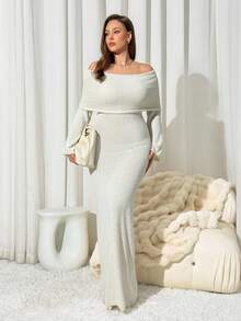 Auralis Plus Size Women's Autumn And Winter Fashion, Elegant And Comfortable Daily Apricot One-Shoulder Off-Shoulder Slim Long Sweater Dress,Fall Clothes,Chic Dress - Apricot - View 3