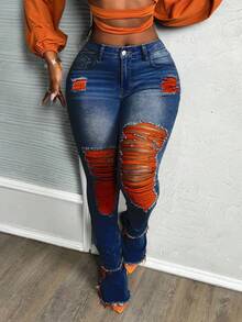 Slaydiva 大码蓝色休闲紧身喇叭牛仔裤 女式破洞牛仔裤 橙色破洞牛仔裤 双色破洞牛仔裤 女式喇叭裤 破洞牛仔裤 图案牛仔裤 喇叭裤 破洞牛仔裤 女式破洞牛仔裤 破洞牛仔裤 女式喇叭裤 - 深色水洗藍 - 查看 5