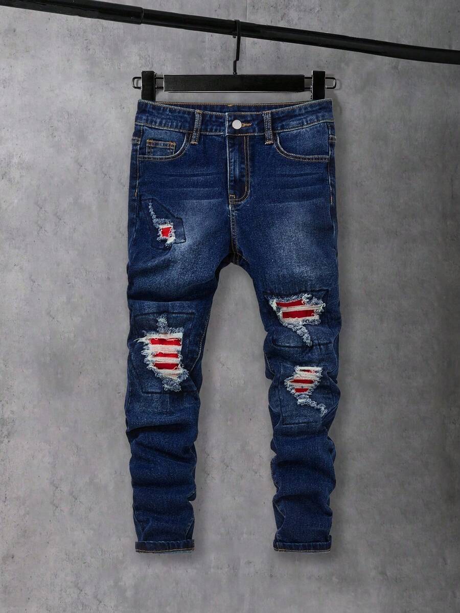 SHEIN 男童拼布破洞紧身牛仔裤 - 深色水洗藍 - 查看 1