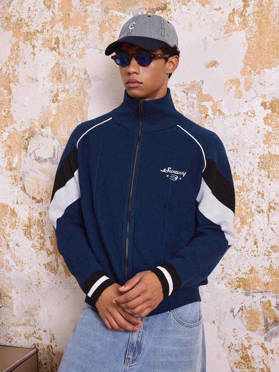 SWAVVY Cárdigan de manga larga de punto de moda para hombre, otoño e invierno - Azul Marino - Ver 1