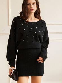 GENKIRA Rhinestone Embellished Asymmetrical Shoulder Black Bodycon Sweater Dress, Sexy 2 In 1 Outfit Fall Winter For Women - Black - View 3