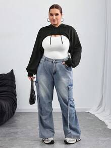 SHEIN CURVE+ 大码黑色针织超短连帽毛衣，适合秋冬穿/秋冬 - 黑色 - 查看 6