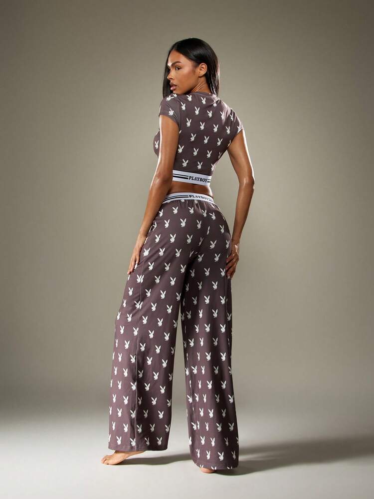 Missguided x Playboy Christmas Flared Pants And Crop Top With Bunny Print Pattern