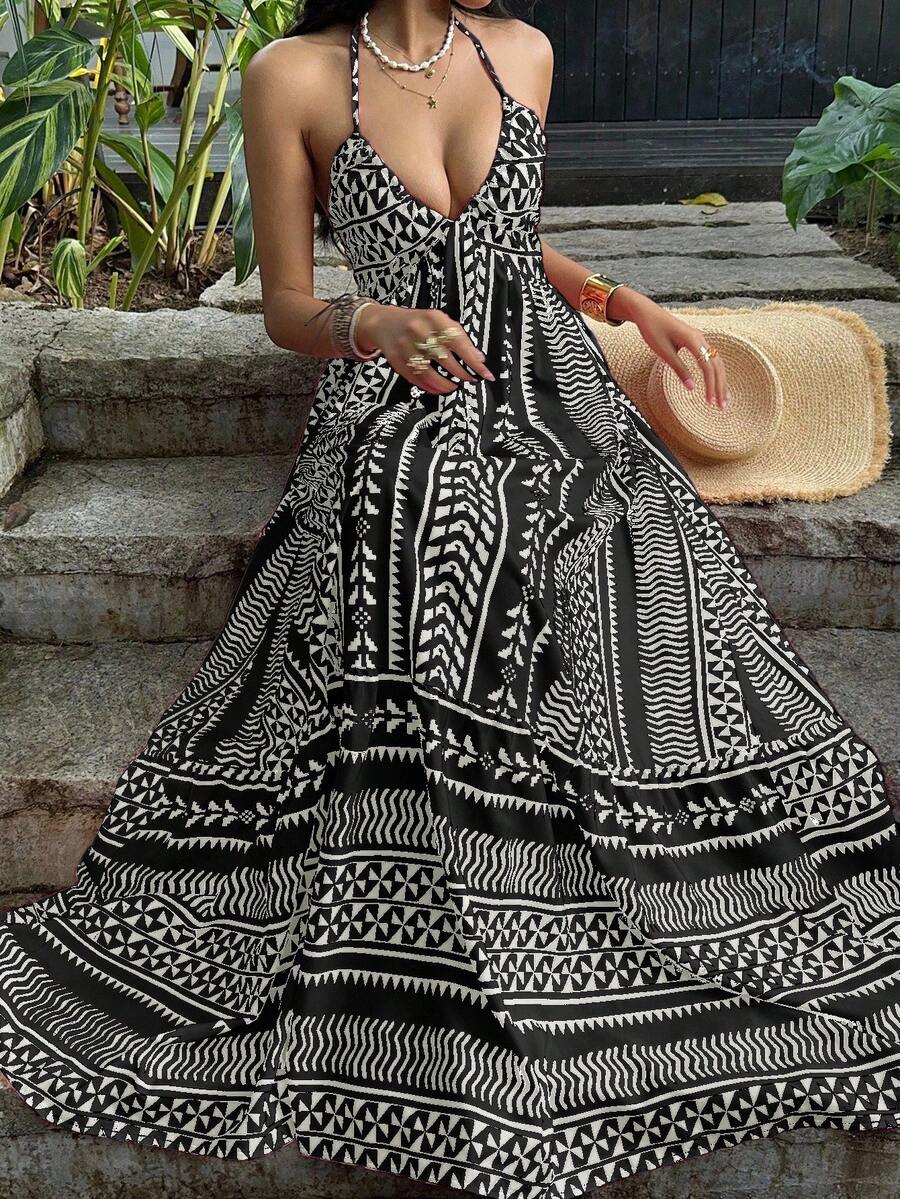 SHEIN Unity 粉色数码印花修腰露背系带连衣裙，法式 V 领海滩度假风格 - 彩色 - 查看 1