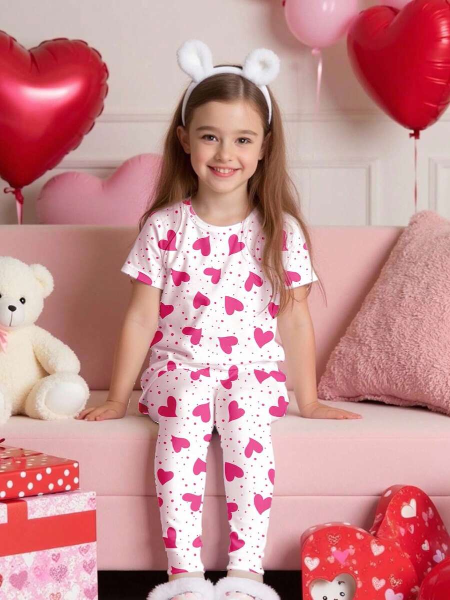 Bộ 2 món/Bộ Áo thun tay ngắn in họa tiết hoạt hình thường ngày cho bé gái và quần legging mặc ở nhà, phù hợp cho mùa xuân và mùa hè - trắng - Xem 1