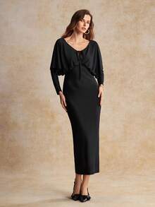 House of One Vestido largo de satén negro sólido con mangas de murciélago, corte frontal y lazo para mujer, elegante para fiestas en otoño