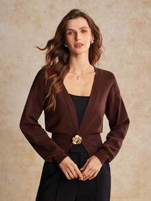 House of One Long Sleeves Deep V Cardigan Sweater With Rose Metal Decoration Women Autumn Winter Elegant