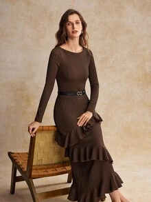 House of One Boat Neck Layered Ruffled Solid Satin Midi Dress Women Autumn Elegant Casual Wear