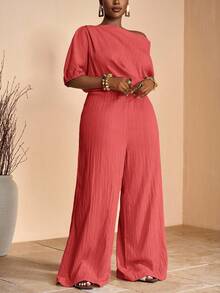 Veslaya Bộ jumpsuit dáng ôm, lệch vai, xếp ly, bất đối xứng, ống rộng, màu kaki trơn, thích hợp cho mùa Xuân/Hè, chất liệu vải dệt họa tiết, cỡ lớn, thích hợp cho tiệc tùng, hẹn hò, dạ hội. - Đỏ - Xem 7