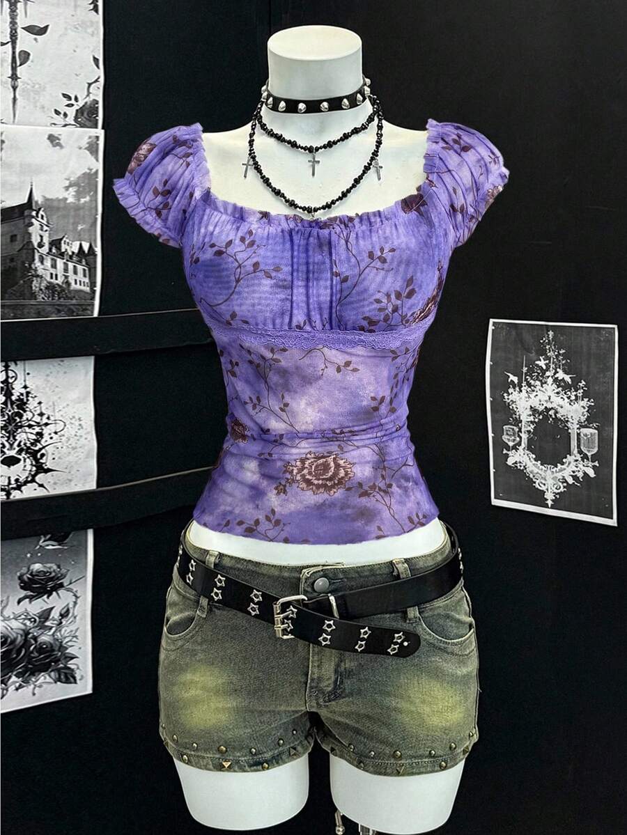 EgrlEra 复古性感修身女式泡泡袖T恤,方领,丝带和网眼拼布 - 淡紫色 - 查看 1