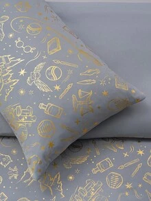 HARRY POTTER X SHEIN 3 件套铝箔印花床上用品套装，灰色羽绒被套，柔软舒适，温暖，可机洗，适合单人床/双人床/大号床/特大床，宿舍/居家 - 灰色 - 查看 7