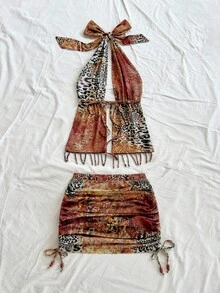 Soleia Nouvelle tenue décontractée pour vacances, mariage sur la plage, remise de diplômes, brunch, Fête de la Saint-Patrick, Printemps, Pâques, festival de musique. Ensemble élégant boho tropical à dos nu avec perles, franges et décoration métallique, à cordon coulissant, 2 pièces. Thanksgiving - Multicolore - Voir 2