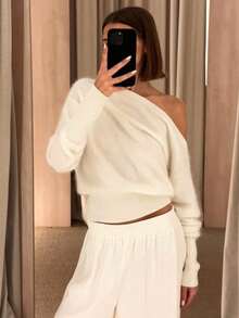 Siren Gaze Beige Slouch Shoulder Loose Knit Sweater, Casual For Trips, Spring/Autumn/Winter