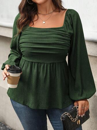 Vionelle Plus Size Women Spring/Summer Solid Square Collar Ruched Lantern Sleeve Elegant Blouse, For Christmas Peplum Top Long Sleeve Top Dark Green Top Green Top Square Neck Top Emerald Green Top