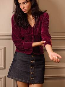 lacRébo Fitted Burgundy Velvet Blouse With Puff Sleeves And Front Button Detail Spring Women Clothes Spring Summer Office Outfits  New Year Dress - Burgundy - View 4