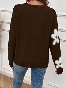 EMERY ROSE Women's Casual Contrast Color Jacquard Round Neck Drop Shoulder Knit Sweater, Christmas - Brown - View 2