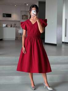 少女束腰美麗清新時尚長裙 - 酒紅色 - 查看 7