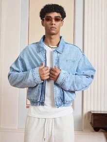 SWAVVY 男士牛仔夹克，时尚复古休闲夹克，秋季 - 淺藍色 - 查看 5