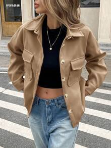 SHEIN Frenchy Flap Pocket High Low Hem Overcoat In Fall/Winter Brown - Khaki - View 5