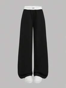 SHEIN Girlism 2 件套青少年女孩纯色黑色、白色、灰色休闲针织运动裤，配有撞色腰带，宽松慢跑裤