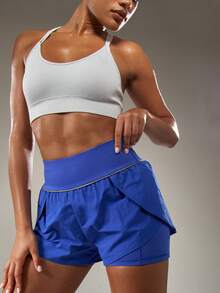 MISSGUIDED High Waisted Athletic Running Shorts With Layered Design For Active Women Workout Gym Training - Blue - View 3