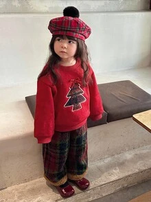 DAZY 2件套女婴圆领圣诞风韩版长袖抓绒卫衣格子套装，冬季圣诞节幼儿女童服装 - 紅色 - 查看 4