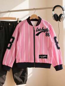 Chaqueta de béisbol casual de niña con contraste de color y flores 3D, adecuada para primavera y otoño - Rosa - Ver 5