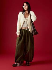 MISSGUIDED Cárdigan de punto suave y acogedor con lazo delantero, suéter de peluche cálido de otoño e invierno, de hombros caídos y mangas abullonadas, moda de calle y ropa de estar en casa - Albaricoque - Ver 3