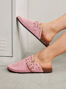 Solecia 女士时尚粉色铆钉经典穆勒平底鞋，百搭日常穿着和街头万圣节圣诞节秋季