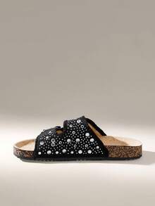 女士圆头流苏水钻双扣平底休闲日常宴会通勤时尚百搭鞋 - 黑色 - 查看 4