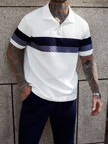 Manfinity Homme Men's Dual-Color Striped POLO Shirt And Pants Set,Navy And White,Summer,Casual,Vacation Quadrilateral Wheat Texture Fabric Ins-Style Autumn Outfits - Multicolor - View 5
